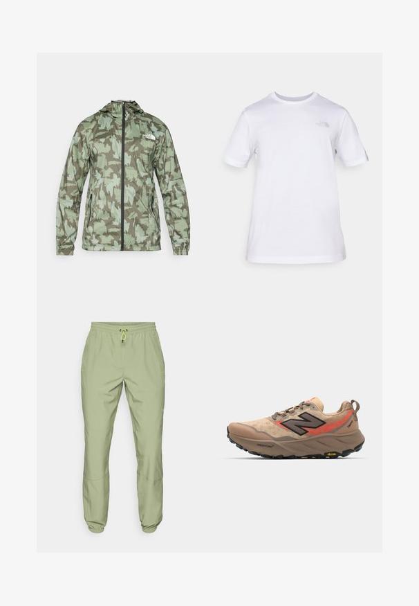 The North Face MOUNTAIN ATHLETICS - Windbreaker - new taupe/green; Weißes Baumwoll-T-Shirt mit kurzen Ärmeln und Rundhalsausschnitt. Mit einem kleinen grauen Logo auf der linken Brust. Glatte Textur, normale Passform.; Hellgrüne Sporthosen mit einem elastischen Bund, Kordelzugverschluss und Knöchelabschlüssen; verfügen über zwei Seitentaschen und eine glatte Textur.; Beige Laufschuh mit Mesh-Obermaterial, schwarzen und roten Akzenten sowie Vibram-Sohle. Verfügt über einen gepolsterten Kragen und eine strukturierte Oberfläche für besseren Halt.