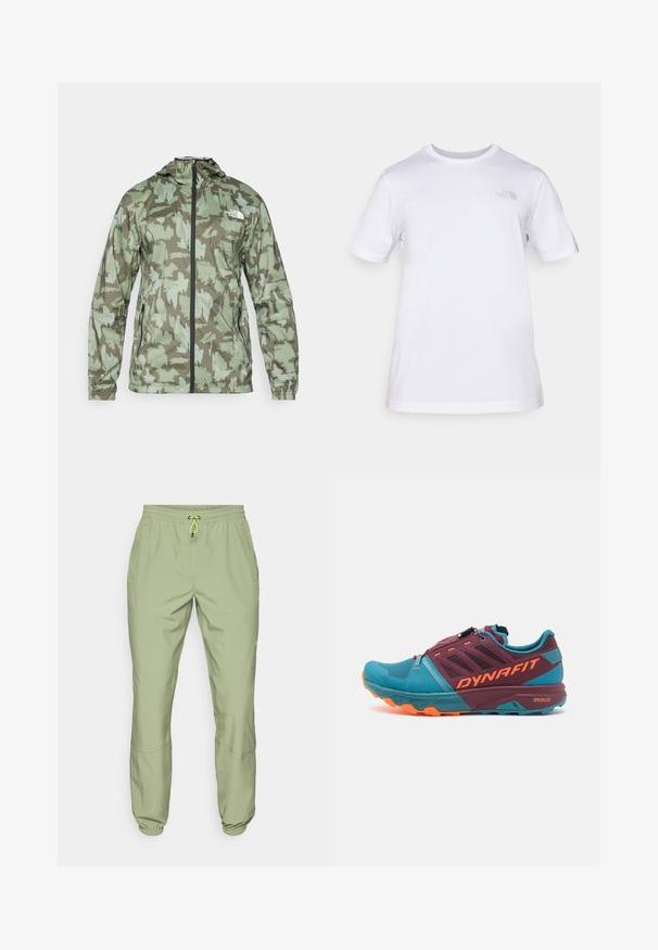 The North Face MOUNTAIN ATHLETICS - Vetrovka - new taupe/green; Bela bombažna majica s kratkimi rokavi in krožnim izrezom. Ima majhen sivi logo na levem prsnem delu. Gladka tekstura, standardna velikost.; Svijetlozelene atletske hlače s elastičnom gumicom u struku, zatvaranjem na brzo vezanje i manžetama na gležnjevima; sadrže dva bočna džepa i glatku teksturu.; Turkizno-rdeči tekaški čevlji z teksturiranim zgornjim delom, oranžnimi detajli, poenostavljeno zasnovo in hitrim sistemom vezalk.