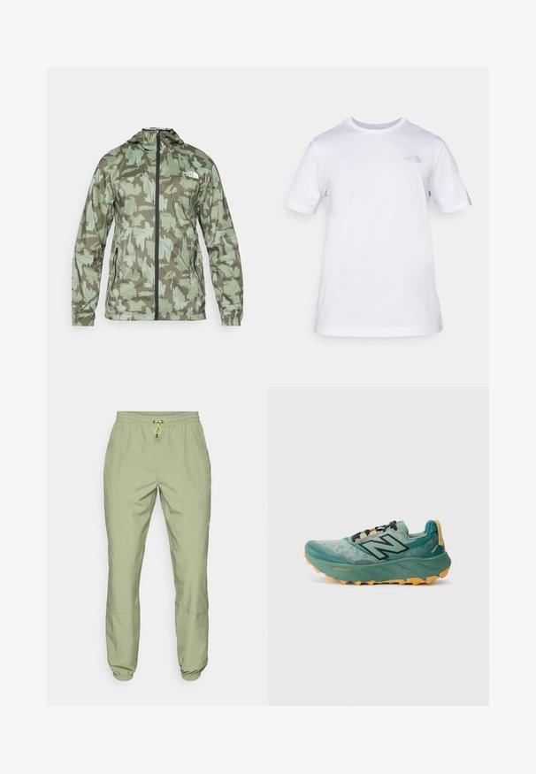 The North Face MOUNTAIN ATHLETICS - Windbreaker - new taupe/green; Weißes Baumwoll-T-Shirt mit kurzen Ärmeln und Rundhalsausschnitt. Mit einem kleinen grauen Logo auf der linken Brust. Glatte Textur, normale Passform.; Hellgrüne Sporthosen mit einem elastischen Bund, Kordelzugverschluss und Knöchelabschlüssen; verfügen über zwei Seitentaschen und eine glatte Textur.; Grüner Trail-Laufschuh mit einem Obermaterial aus Mesh, schwarzen Schnürsenkeln und einer dicken gelben Laufsohle. Mit "Fresh Foam"- und "Vibram"-Markierungen.