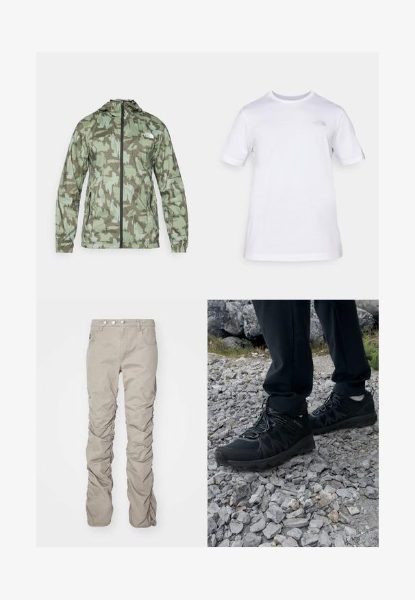 The North Face MOUNTAIN ATHLETICS - Veste coupe-vent - new taupe/green; T-shirt en coton blanc à manches courtes et col rond. Présente un petit logo gris sur la poitrine gauche. Texture lisse, coupe standard.; Pantalons en tissu texturé beige avec un design froncé, dotés d'une fermeture à bouton, de cinq poches et d'une coupe droite.; Chaussures d'extérieur noires en matériau synthétique et en maille, présentant une tige texturée, un système de lacets sécurisé et une semelle extérieure robuste, sur un terrain rocailleux.