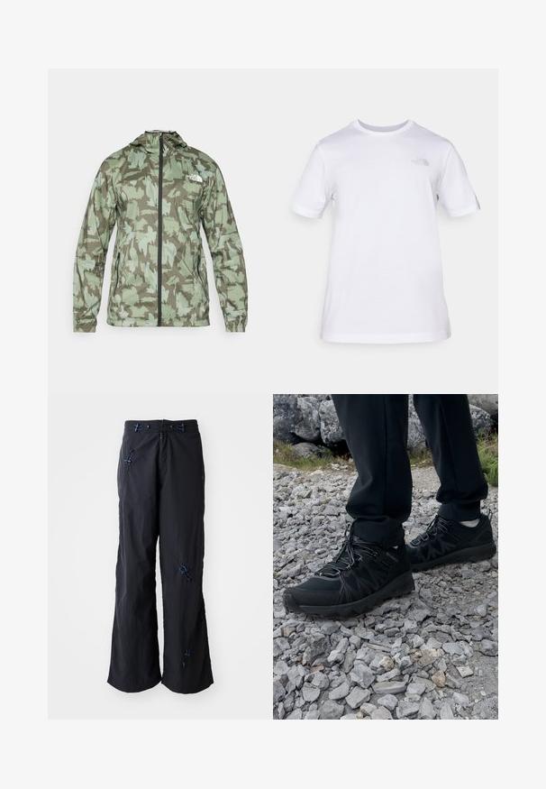 The North Face MOUNTAIN ATHLETICS - Větrovka - new taupe/green; Bílý bavlněný tričko s krátkým rukávem a kulatým výstřihem. Obsahuje malé šedé logo na levé části hrudníku. Hladká textura, standardní fit.; Černé, lehké kalhoty s širokými nohavicemi a texturovaným povrchem. Obsahují modré akcenty a šňůrky pro nastavení. Zapínání na zip.; Černé venkovní boty z prodyšného a syntetického materiálu, s texturovaným svrškem, bezpečným šněrovacím systémem a robustní podrážkou, na skalnatém terénu.
