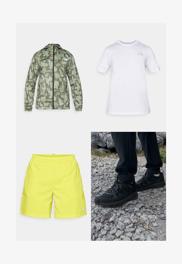 The North Face MOUNTAIN ATHLETICS - Windbreaker - new taupe/green; White cotton t-shirt with short sleeves and a crew neck. Features a small gray logo on the left chest. Smooth texture, standard fit.; Bright yellow swim shorts with an elastic waistband, a straight cut, and a small logo on the bottom right hem. Smooth fabric texture.; Black outdoor shoes with mesh and synthetic material, featuring a textured upper, secured lacing system, and a rugged outsole, on rocky terrain.