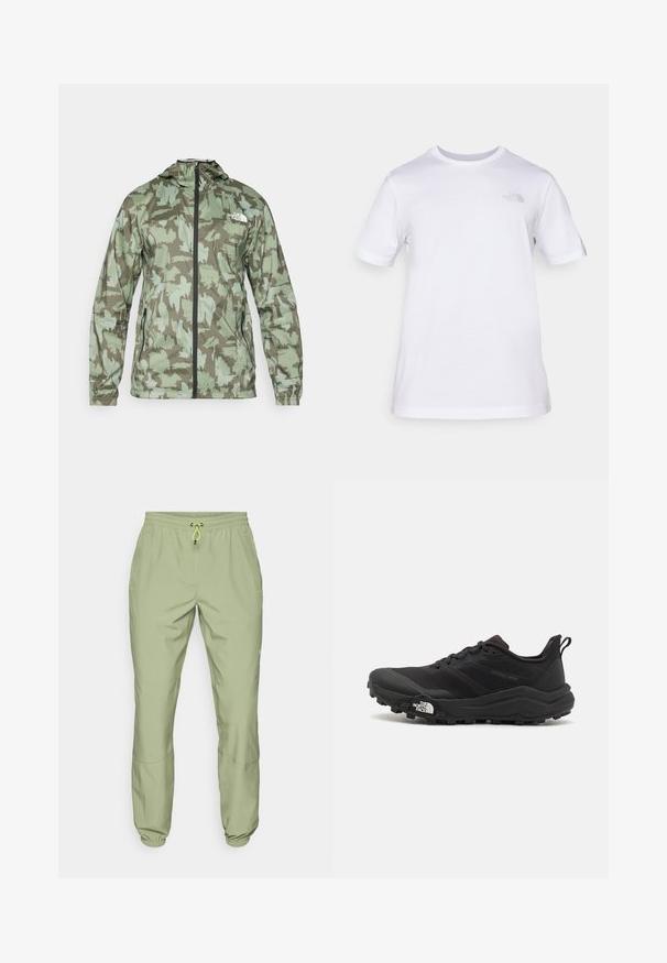The North Face MOUNTAIN ATHLETICS - Vetrovka - new taupe/green; Bela bombažna majica s kratkimi rokavi in krožnim izrezom. Ima majhen sivi logo na levem prsnem delu. Gladka tekstura, standardna velikost.; Svijetlozelene atletske hlače s elastičnom gumicom u struku, zatvaranjem na brzo vezanje i manžetama na gležnjevima; sadrže dva bočna džepa i glatku teksturu.; Črne tekaške čevlje za trail s teksturirano zgornjega dela, gumijastim podplatom in ojačanim zaključkom prstov. Vključuje oblazinjen ovratnik in zanko za enostavno obuvanje.
