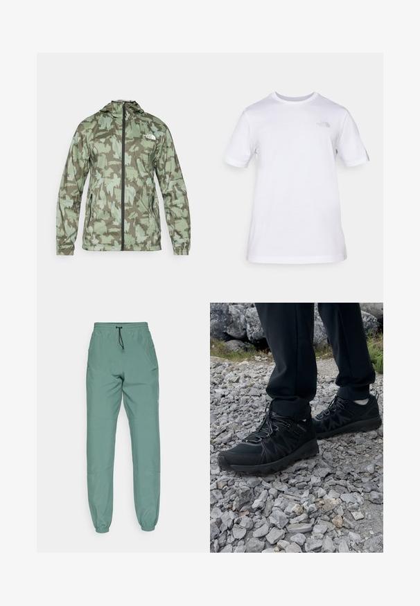 The North Face MOUNTAIN ATHLETICS - Vjetrovka - new taupe/green; Bijela pamučna majica kratkih rukava s okruglim izrezom. Ima mali sivi logo na lijevoj strani prsnog koša. Glatka tekstura, standardni kroj.; Svijetlozelene sportske hlače s elastičnim pojasom i vezicom, s uskim manžetama i bočnim džepovima. Glatka tekstura tkanine.; Crne vanjske cipele s mrežastim i sintetičkim materijalom, s teksturiranim gornjim dijelom, osiguranim sustavom vezanja i čvrstim potplatom, na stjenovitom terenu.