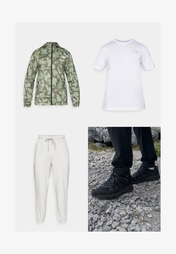 The North Face MOUNTAIN ATHLETICS - Windjack - new taupe/green; Witte katoenen t-shirt met korte mouwen en een ronde hals. Heeft een klein grijs logo op de linkerkant van de borst. Soepele textuur, standaard pasvorm.; Lichtgrijze sweatpants met een elastische tailleband, trekkoord en taps toelopende boorden. Gemaakt van zachte, gestructureerde stof. Geen zichtbare patronen.; Zwarte buitenschoenen van mesh en synthetisch materiaal, met een gestructureerd bovenwerk, een beveiligd vetersysteem en een robuuste zool, op een ruig terrein.