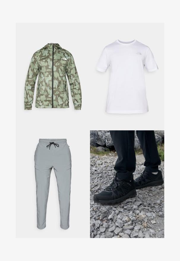The North Face MOUNTAIN ATHLETICS - Větrovka - new taupe/green; Bílý bavlněný tričko s krátkým rukávem a kulatým výstřihem. Obsahuje malé šedé logo na levé části hrudníku. Hladká textura, standardní fit.; Svetle šedé kalhoty vyrobené z hladké látky, mají elastický pas se šňůrkou, boční kapsy a zúžené nohavice.; Černé venkovní boty z prodyšného a syntetického materiálu, s texturovaným svrškem, bezpečným šněrovacím systémem a robustní podrážkou, na skalnatém terénu.