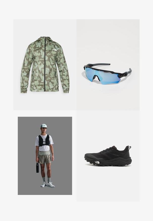 The North Face MOUNTAIN ATHLETICS - Cortaviento - new taupe/green; Camiseta de algodón blanca con mangas cortas y cuello redondo. Presenta un pequeño logotipo gris en el lado izquierdo del pecho. Textura suave, ajuste estándar.; Atleta con una camiseta de malla blanca, un chaleco negro de arnés, pantalones cortos beige, calcetines grises y zapatillas blancas, sosteniendo una botella de agua negra.; Zapatilla de trail running negra con upper texturizado, suela de goma y puntera reforzada. Presenta un collar acolchado y una lengüeta para poner y quitar fácilmente.; Gafas de sol deportivas con un marco negro, grandes lentes tintados de azul y un diseño robusto. Cuentan con una cobertura envolvente mejorada.