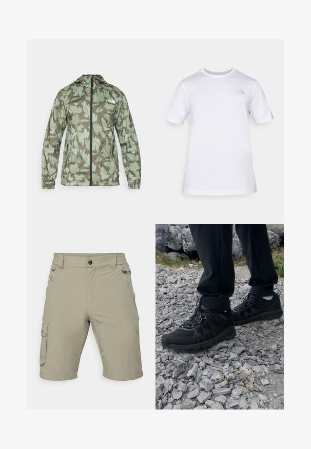The North Face MOUNTAIN ATHLETICS - Cortaviento - new taupe/green; Camiseta de algodón blanca con mangas cortas y cuello redondo. Presenta un pequeño logotipo gris en el lado izquierdo del pecho. Textura suave, ajuste estándar.; Pantalones cortos cargo beige hechos de tela ligera. Cuenta con dos bolsillos frontales, un bolsillo lateral tipo cargo y una cintura plana con cierre de botón.; Zapatos exteriores negros con malla y material sintético, que presentan un upper texturizado, un sistema de cordones seguro y una suela robusta, sobre terreno rocoso.