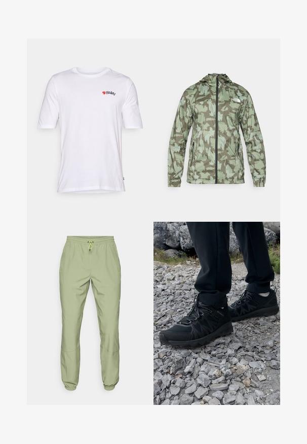 The North Face MOUNTAIN ATHLETICS - Windbreaker - new taupe/green; White cotton t-shirt featuring a round neck, short sleeves, and a red and black logo on the chest. Smooth texture, casual fit.; Light green athletic pants with an elastic waistband, drawstring closure, and ankle cuffs; features two side pockets and a smooth texture.; Black outdoor shoes with mesh and synthetic material, featuring a textured upper, secured lacing system, and a rugged outsole, on rocky terrain.