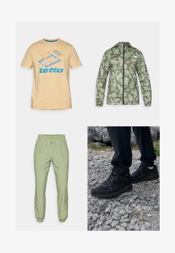 The North Face MOUNTAIN ATHLETICS - Vindjakke - new taupe/green; Beige bomulls t-skjorte med en fargerik grafikk av en tennisbane og logoen "lotto" i blått, med korte ermer og rund hals.; Lys grønne treningsbukser med elastisk midjebånd, snøring og anklestopper; har to sidelommer og en glatt tekstur.; Sorte utendørssko i svart med mesh og syntetisk materiale, med en teksturert overdel, sikret snøresystem og en robust såle, på steinete terreng.