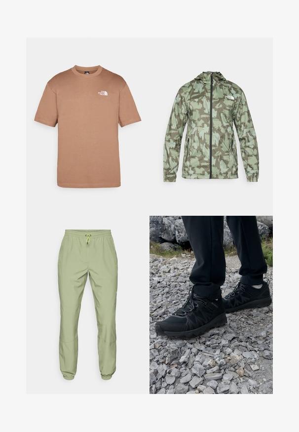 The North Face MOUNTAIN ATHLETICS - Windbreaker - new taupe/green; Brown cotton T-shirt with a crew neckline, short sleeves, and a white logo on the left chest. Soft texture, regular fit.; Light green athletic pants with an elastic waistband, drawstring closure, and ankle cuffs; features two side pockets and a smooth texture.; Black outdoor shoes with mesh and synthetic material, featuring a textured upper, secured lacing system, and a rugged outsole, on rocky terrain.