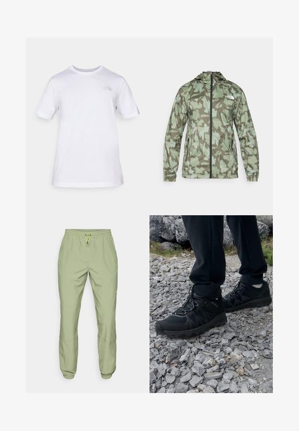 The North Face MOUNTAIN ATHLETICS - Windbreaker - new taupe/green; White cotton t-shirt with short sleeves and a crew neck. Features a small gray logo on the left chest. Smooth texture, standard fit.; Light green athletic pants with an elastic waistband, drawstring closure, and ankle cuffs; features two side pockets and a smooth texture.; Black outdoor shoes with mesh and synthetic material, featuring a textured upper, secured lacing system, and a rugged outsole, on rocky terrain.