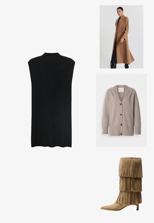 Cappotto lungo in un morbido tessuto misto lana. Presenta un colletto a revers, chiusura con un solo bottone e due tasche laterali per la funzionalità.; Cardigan beige realizzato in tessuto morbido con scollo a V e maniche lunghe. Presenta cinque bottoni di colore marrone scuro e polsini e orlo a coste.; Tunic nera senza maniche con colletto alto, tessuto morbido, vestibilità ampia e silhouette dritta. L'orlo è leggermente curvato nella parte inferiore.; Stivale alla caviglia in suede color ocra con tre strati di frange. Punta affusolata e tacco basso a blocco. Texture liscia su tutta la superficie.; Borsa a tracolla in pelle nera con una forma angolare, manici curvi e dettagli di cucitura visibili sui bordi e nel design.