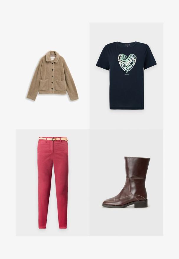 Kreemjas faux-fur jakk kaelusega, esise kahe nööbiga kinnitusega ja kahe suure taskuga. Pehme tekstuur ning mugav lõige.; Tume sinine puuvillane T-särk roheliste ja kreemjate keerduvate mustritega südametuksega. Ümar kaelus, lühikesed varrukad ja sirge alumine serv.; Punased puuvillased püksid slim fit lõikega, millel on kootud beež vöö ja eesmine tasku, sile tekstuur ning sirge sääre disain.; Pruun nahast ankle saabas, millel on ruudukujuline varvas ja madal konts, mis sisaldab kontrastset õmblust õmblustel. Selge taust.