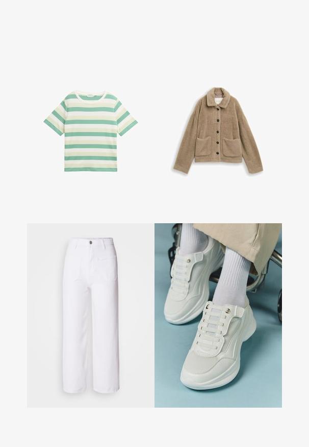 Kreminės spalvos dirbtinio kailio striukė su apykakle, priekyje sagų uždarymas ir dvi didelės kišenės. Minkšta tekstūra ir laisvas siluetas.; Trumpas rankovėmis marškinėliai su horizontaliomis juostelėmis mėtų žalios, šviesiai žalios ir baltos spalvų. Minkšta, medvilninė medžiaga su apvaliu iškirpimu.; Balties džinsai su plačiomis kojomis, su mygtuko uždarymu, diržo kilpomis, dviem priekiniams kišenėms ir viena nugarine kišene. Patvari ir tekstūruota medžiaga.; Baltos sportbačiai su tinklelio medžiaga, guminiais padais, be raištelių dizainu su elastinėmis juostelėmis ir auksinėmis detalėmis.