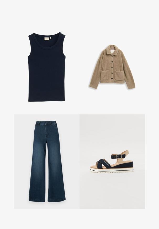 Beige Kunstfelljacke mit kragenförmigem Ausschnitt, vorderem Knopfverschluss und zwei großen aufgesetzten Taschen. Sanfte Textur mit einer lockeren Passform.; TOM TAILOR MIT STRUKTUR - Top - sky captain blue; Dunkelblaue High-Waist-Jeans mit weitem Bein, Taschen vorne und Gürtelschlaufen auf weißem Hintergrund.; Marineblaue Sandale mit zwei Stoffriemen, verstellbarem Knöchelriemen und strukturiertem beigen Absatz. Dicke, weiße, gewellte Sohle. Marke auf dem Riemen gedruckt.