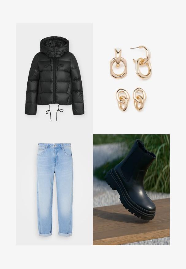 Svart boblejakke med hette, med glidelås foran, snøringer i kanten og quiltet design. Laget av shiny, glatt materiale.; Lyseblå, avkortet strikkegenser med flat krage og knappestolpe med fem knapper. Har lange ermer og ribbestrikket tekstur nederst.; Lyseblå denimjeans med høy midje, rett passform, oppbrettede ermer og fem-lomme design. Lette falmede tekstur med synlig søm.; Svart lær ankelstøvel med tykk såle, elastiske sidepaneler og en glatt overflate. Hevet design med kontrasterende såledetaljer.; Gullfargede øreringer med en blanding av geometriske former: en firkant, sirkel og sammenkoblede ovale design med en polert finish.