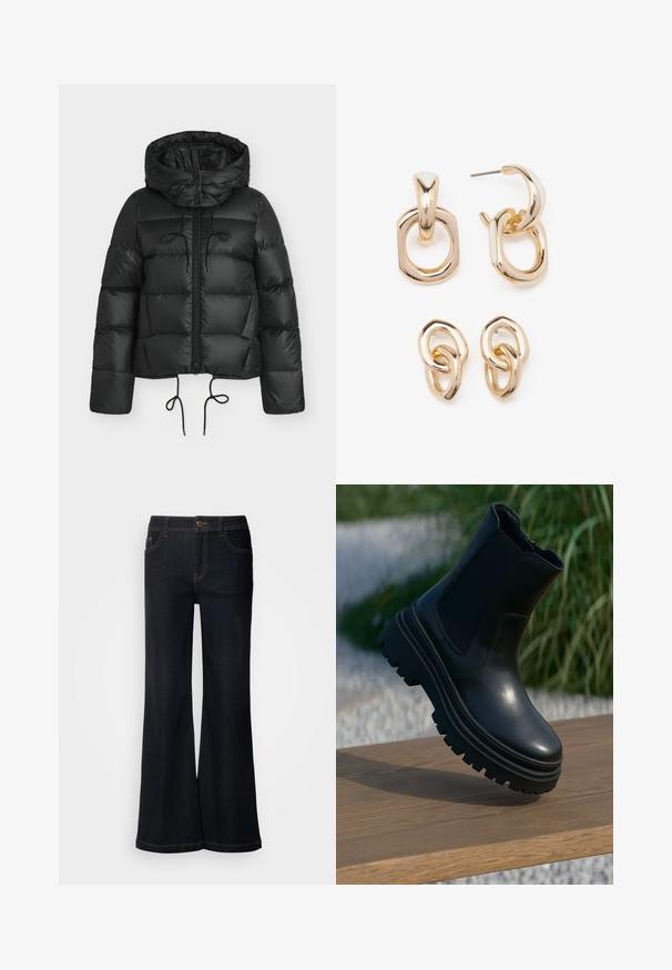 Musta toppatakki hupulla, jossa vetoketjullinen etuosa, kiristysnauhat helmassa ja tikattu viimeistely. Valmistettu kiiltävästä, sileästä materiaalista.; Vaaleansininen lyhyt neulepaita, jossa on tasainen kaulus ja viisi nappikiinnitystä. Pitkät hihat ja resorikuviollinen helmareuna.; Mos Mosh DELUXE - Relaxed fit -farkut - dark blue; Mustaa nahkaa oleva nilkkabotti, jossa on paksu pohja, venytyskaarit ja sileä pinta. Kohotettu muotoilu, jossa on kontrastivärit pohjan yksityiskohdissa.; Korukkeet kultasävyisiä, joissa on sekoitus geometrisia muotoja: neliö, ympyrä ja linkitetyt soikio-designit kiiltävällä pinnalla.