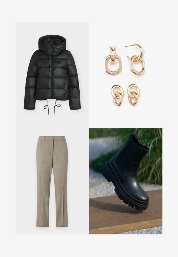 Melna pūšamā jaka ar kapuci, aprīkota ar rāvējslēdzēju priekšpusē, auklu malām un kviltētu dizainu. Izgatavota no spīdīga, gluda materiāla.; Gaiši zils, īss adīts džemperis ar taisnu apkakli un piecu pogu aizdari. Ir garas piedurknes un ribota tekstūra apakšmalā.; Gai pelēki pielāgoti bikses ar teksturētu audumu, taisnu kāju piegriezumu un klasisku jostasvietu. Satur smalkus svītrainus akcentus.; Melnas ādas potīšu zābaki ar masīvu zoli, elastīgiem sānu paneļiem un gludu apdari. Paaugstināts dizains ar kontrastējošu zoles rakstu.; Zelta toņa auskari ar ģeometrisko formu maisījumu: kvadrāts, aplis un saistīti ovālie dizaini ar pulētu apdari.