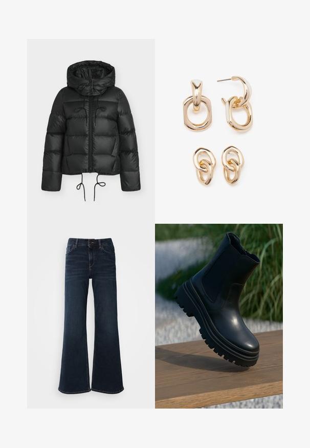 Svart boblejakke med hette, med glidelås foran, snøringer i kanten og quiltet design. Laget av shiny, glatt materiale.; Lyseblå, avkortet strikkegenser med flat krage og knappestolpe med fem knapper. Har lange ermer og ribbestrikket tekstur nederst.; Mos Mosh HERA - Flared jeans - dark blue; Svart lær ankelstøvel med tykk såle, elastiske sidepaneler og en glatt overflate. Hevet design med kontrasterende såledetaljer.; Gullfargede øreringer med en blanding av geometriske former: en firkant, sirkel og sammenkoblede ovale design med en polert finish.