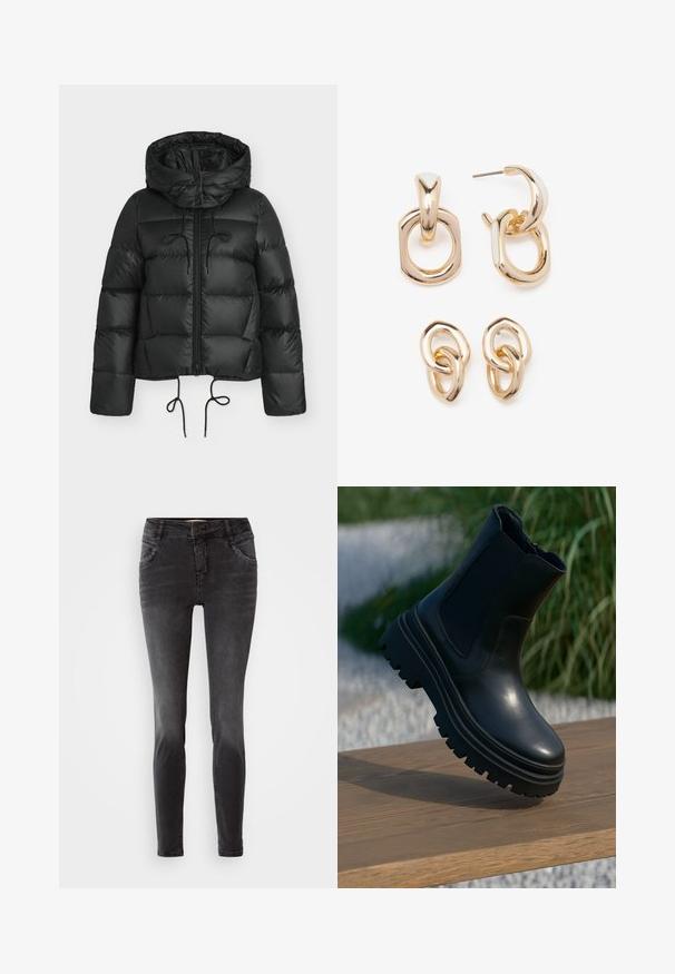 Svart boblejakke med hette, med glidelås foran, snøringer i kanten og quiltet design. Laget av shiny, glatt materiale.; Lyseblå, avkortet strikkegenser med flat krage og knappestolpe med fem knapper. Har lange ermer og ribbestrikket tekstur nederst.; Sorte skinny jeans laget av denim, med frontknappelukking, nagle detaljer på lommene, og en jevn tekstur.; Svart lær ankelstøvel med tykk såle, elastiske sidepaneler og en glatt overflate. Hevet design med kontrasterende såledetaljer.; Gullfargede øreringer med en blanding av geometriske former: en firkant, sirkel og sammenkoblede ovale design med en polert finish.