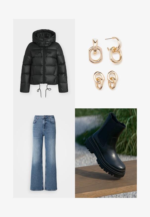 Casaco acolchoado preto com capuz, apresentando fecho de correr frontal, bainhas com cordão e um design acolchoado. Feito de material brilhante e liso.; Camisola curta de malha azul-claro com gola plana e fecho de cinco botões. Apresenta mangas compridas e textura canelada na bainha.; Mos Mosh MAI - Calças de ganga de perna direita - blue wash; Bota de tornozelo em couro preto com sola robusta, painéis laterais elásticos e acabamento suave. Design elevado com detalhe de solado em contraste.; Brincos em tom de ouro com uma mistura de formas geométricas: um quadrado, um círculo e desenhos ovais ligados, todos com um acabamento polido.
