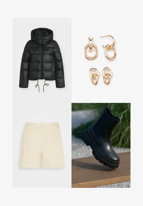 Black puffer jacket with a hood, featuring a zip front, drawstring hems, and a quilted design. Made of shiny, smooth material.; Light blue, cropped knit sweater with a flat collar and five button closure. Features long sleeves and ribbed texture at the hem.; Lindex MARIA - Shorts - beige; Black leather ankle boot with a chunky sole, elasticated side panels, and a smooth finish. Elevated design with contrasting tread detail.; Gold-toned earrings featuring a mix of geometric shapes: a square, circle, and linked oval designs with a polished finish.