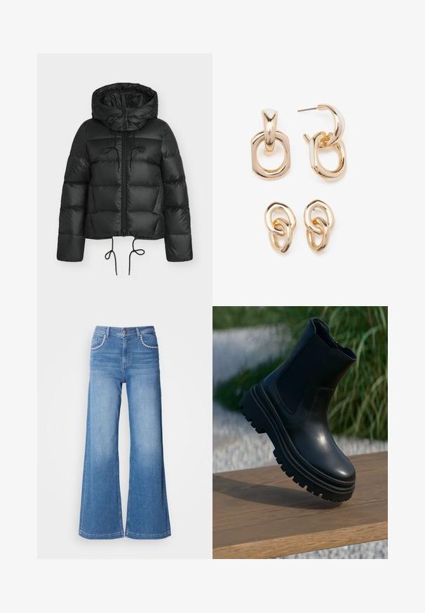 Črna puhasta jakna s kapuco, z zadrgo spredaj, z robovi na vrvico in z zmogljivim vzorcem. Izdelana iz sijočega, gladkega materiala.; Svetlo moder izrezan pleten pulover s ravnim ovratnikom in zapiranjem na pet gumbov. Ima dolge rokave in rebrasto teksturo na robu.; Široke modre kavbojke iz denima, z visokim pasom, okrasnim šivom na žepih in pohodnim pranjem.; Črne usnjene gležnjarje s debelim podplatom, elastičnimi stranskimi paneli in gladko površino. Povišan dizajn s kontrastnim vzorcem na podplatu.; Zlato obarvane uhane, ki vključujejo mešanico geometrijskih oblik: kvadrat, krog in povezane ovalne oblike z poliranim zaključkom.