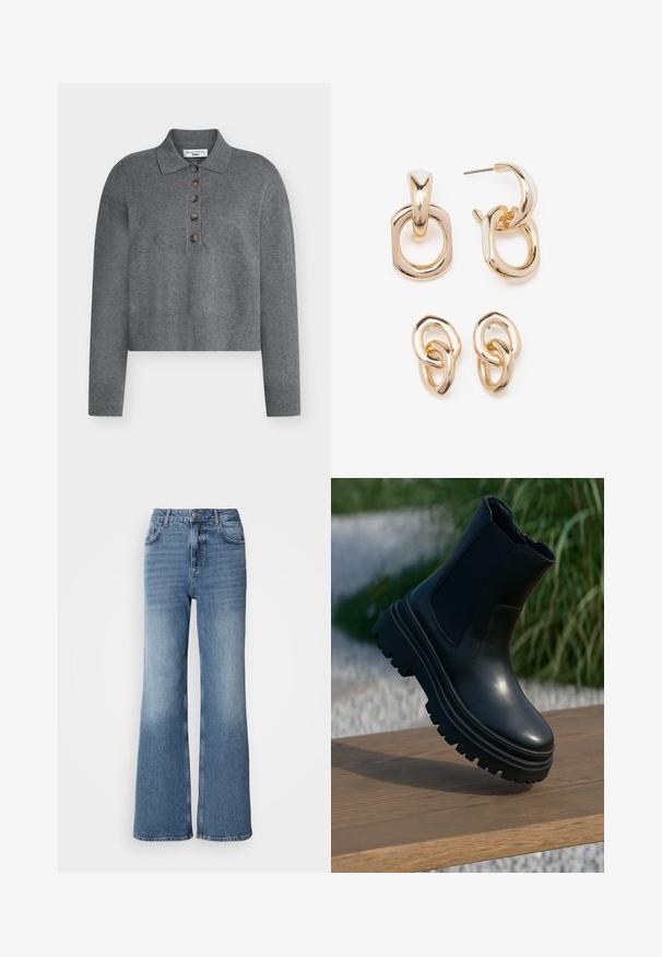 Chaqueta acolchada negra con capucha, con cierre frontal de cremallera, dobladillos con cordón y diseño acolchado. Hecha de material brillante y suave.; Suéter gris recortado con cuello polo, que presenta cinco botones marrones y puños y dobladillo acanalados. Hecho de un material suave y texturizado.; Mos Mosh MAI - Vaqueros rectos - blue wash; Botín de cuero negro hasta el tobillo con suela gruesa, paneles laterales elásticos y un acabado suave. Diseño elevado con detalle de banda de rodadura en contraste.; Pendientes en tono dorado que presentan una mezcla de formas geométricas: un cuadrado, un círculo y diseños ovalados interconectados con un acabado pulido.