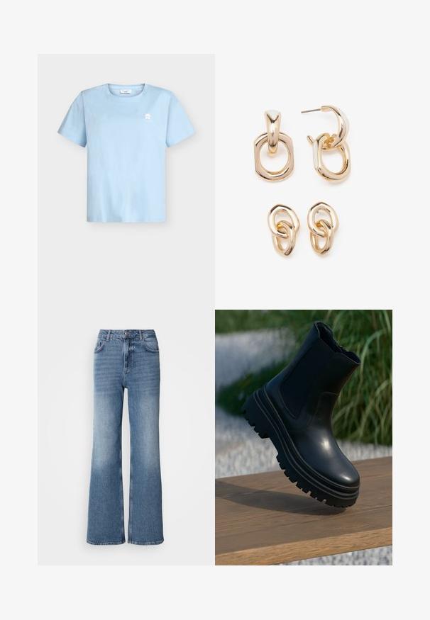 Zwarte pufferjas met een capuchon, voorzien van een ritssluiting aan de voorkant, trekkoorden bij de zoom en een doorgestikt ontwerp. Gemaakt van glanzend, glad materiaal.; Lichtblauw katoenen T-shirt met een ronde hals, korte mouwen en een kleine witte afbeelding op de linkerborst. Soepele textuur, losse pasvorm.; Mos Mosh MAI - Straight leg jeans - blue wash; Zwarte leren enkelboot met een chunky zool, elastische zijkanten en een gladde afwerking. Verhoogd ontwerp met contrasterende profieldetails.; Goudkleurige oorbellen met een mix van geometrische vormen: een vierkant, cirkel en verbonden ovaal ontwerpen met een gepolijste afwerking.