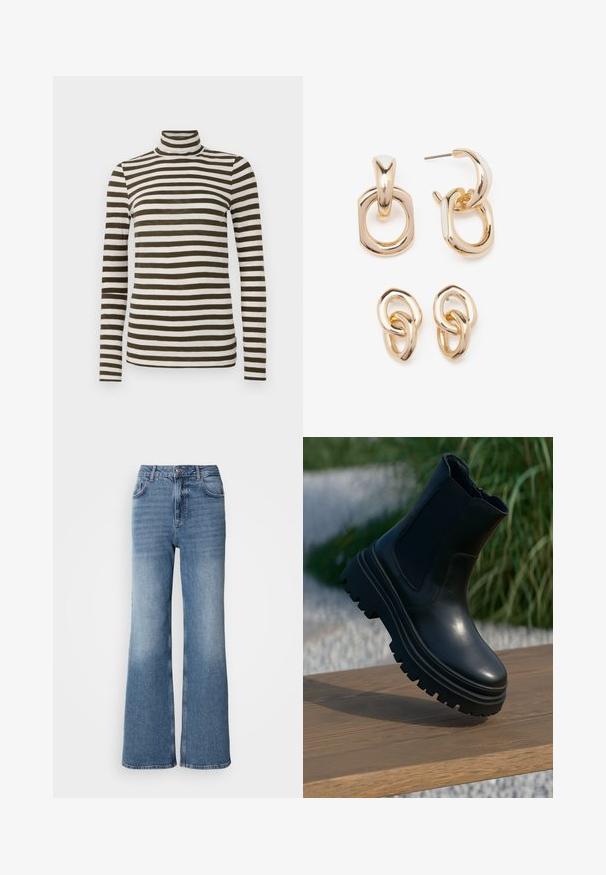 Black puffer jacket with a hood, featuring a zip front, drawstring hems, and a quilted design. Made of shiny, smooth material.; Long-sleeve turtleneck top in dark olive and white horizontal stripes, made of a soft, lightweight fabric. Features a fitted design.; Mos Mosh MAI - Straight leg jeans - blue wash; Black leather ankle boot with a chunky sole, elasticated side panels, and a smooth finish. Elevated design with contrasting tread detail.; Gold-toned earrings featuring a mix of geometric shapes: a square, circle, and linked oval designs with a polished finish.