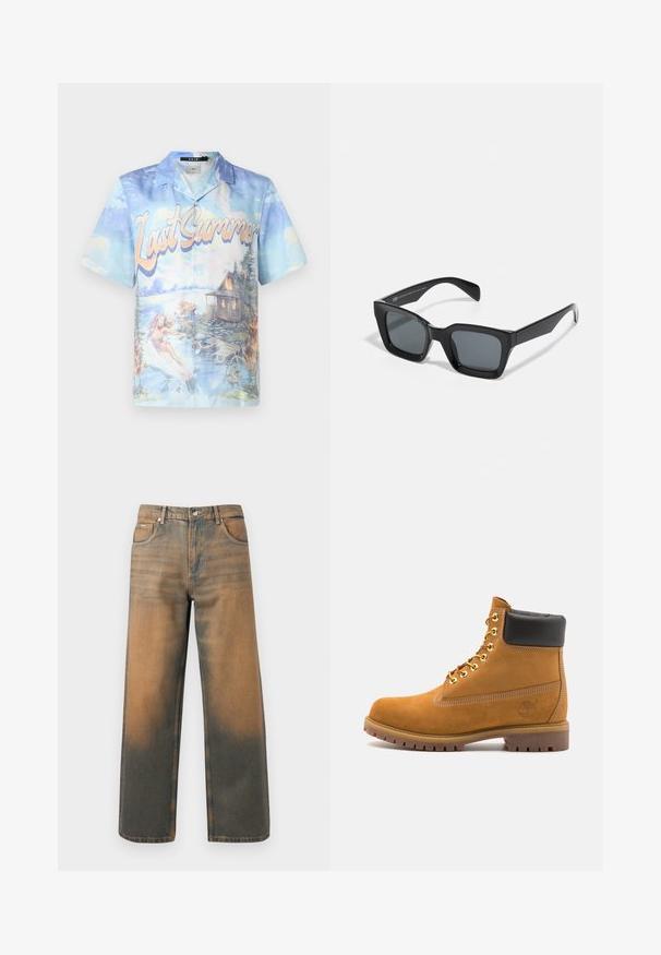 Grijze capuchontrui met een ritssluiting aan de voorkant, twee grote zakken, geribbelde manchetten en een logopatch op de linkerzak. Gemaakt van duurzaam materiaal.; Witte hoodie met een groot, bedrukt identificatiekaartontwerp in blauw, geel en zwart, met een buidelzak aan de voorkant en een trekkoordkap.; Korte mouwen overhemd met knopen, voorzien van een blauw en pastel landschap print met de tekst "Laatste Zomer", die water en een chalet uitbeeldt.; Wijd-uitlopende jeans in verouderd blauw en bruin denim. Heeft een hoge taille, voorzakken en een klassieke knoopsluiting met metalen accenten.; Tan suède enkelboot met zwart gevoerd kraagje, gouden metalen oogjes, witte stikdetails en een robuuste rubberen zool met uitgesproken profiel.; Zwarte rechthoekige zonnebril met donkere lenzen. Kunststof frame met een glanzende afwerking, met een brede neusbrug en licht taps toelopende pootjes.