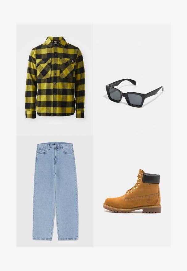 Felpa grigia con cappuccio e zip frontale, due grandi tasche, polsini a coste e un patch con logo sulla tasca sinistra. Realizzata in tessuto resistente.; Felpa bianca con cappuccio, caratterizzata da un grande design stampato di un tesserino d'identità nei colori blu, giallo e nero, con tasca frontale e cappuccio regolabile con lacci.; Camicia di flanella con un motivo a scacchi giallo e nero, dotata di chiusura con bottoni, due tasche sul petto e colletto. Tessuto morbido, maniche lunghe.; Jeans in denim azzurro chiaro con design a gamba dritta, caratterizzati da una vita media, cinque tasche e chiusura con bottone e zip.; Stivale alla caviglia in suede tan con collare imbottito nero, occhielli in metallo dorato, dettagli in cucitura bianca e suola in gomma robusta con battistrada pronunciato.; Occhiali da sole neri rettangolari con lenti scure. Montatura in plastica con una finitura lucida, caratterizzati da un ponte ampio e braccia leggermente affusolate.
