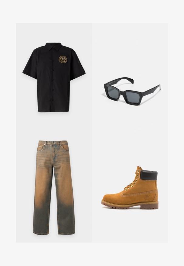 Felpa grigia con cappuccio e zip frontale, due grandi tasche, polsini a coste e un patch con logo sulla tasca sinistra. Realizzata in tessuto resistente.; Felpa bianca con cappuccio, caratterizzata da un grande design stampato di un tesserino d'identità nei colori blu, giallo e nero, con tasca frontale e cappuccio regolabile con lacci.; Versace Jeans Couture POP BASIC SOFT - Camicia - black/gold; Jeans a gamba larga in denim blu e marrone scuro con effetto usurato. Presentano un alto punto vita, tasche frontali e una chiusura con bottone classico arricchita da dettagli metallici.; Stivale alla caviglia in suede tan con collare imbottito nero, occhielli in metallo dorato, dettagli in cucitura bianca e suola in gomma robusta con battistrada pronunciato.; Occhiali da sole neri rettangolari con lenti scure. Montatura in plastica con una finitura lucida, caratterizzati da un ponte ampio e braccia leggermente affusolate.