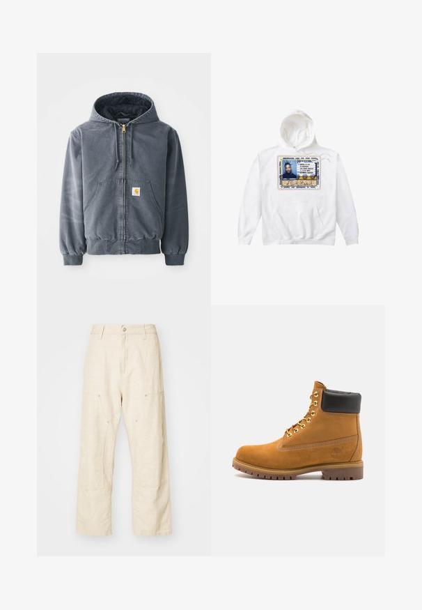 Sudadera gris con capucha y cremallera frontal, dos grandes bolsillos, puños acanalados y un parche con logotipo en el bolsillo izquierdo. Fabricada con una tela duradera.; Sudadera blanca con un gran diseño de tarjeta de identificación impresa en azul, amarillo y negro, con un bolsillo frontal y capucha con cordones.; Pantalones de lino de pierna ancha en beige claro, con bolsillos frontales, cierre de botón y detalles de costura visibles para un toque adicional de textura.; Botín de ante marrón claro con collar acolchado negro, ojales de metal dorado, detalles de costura blanca y suela de goma resistente con tacos pronunciados.