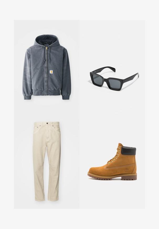 Grijze capuchontrui met een ritssluiting aan de voorkant, twee grote zakken, geribbelde manchetten en een logopatch op de linkerzak. Gemaakt van duurzaam materiaal.; Witte hoodie met een groot, bedrukt identificatiekaartontwerp in blauw, geel en zwart, met een buidelzak aan de voorkant en een trekkoordkap.; Beige katoenen broek met een rechtopstaand ontwerp, vijf zakken en metalen hardwareaccenten. Gladde textuur met minimale stikseldetails.; Tan suède enkelboot met zwart gevoerd kraagje, gouden metalen oogjes, witte stikdetails en een robuuste rubberen zool met uitgesproken profiel.; Zwarte rechthoekige zonnebril met donkere lenzen. Kunststof frame met een glanzende afwerking, met een brede neusbrug en licht taps toelopende pootjes.