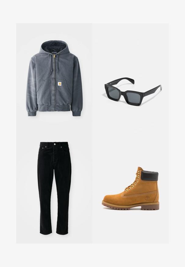 Sweat-shirt à capuche gris avec fermeture éclair sur le devant, deux grandes poches, poignets côtelés et un patch logo sur la poche gauche. Fabriqué en tissu durable.; Sweat-shirt à capuche blanche avec un grand design d'une carte d'identité imprimée en bleu, jaune et noir, doté d'une poche avant et d'un cordon de serrage.; Pantalon en velours côtelé noir à taille haute, jambe droite, cinq poches et accastillage en métal argenté, avec un motif texturé à côtes sur l'ensemble.; Bottine en daim beige avec un col rembourré noir, œillets en métal doré, détails de surpiqûres blanches et semelle en caoutchouc robuste avec des crampons prononcés.; Lunettes de soleil noires rectangulaires avec des verres teintés. Monture en plastique avec une finition brillante, comportant un pont large et des branches légèrement effilées.