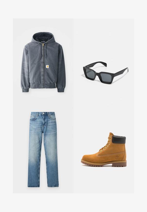 Szara bluza z kapturem, z suwakiem z przodu, dwiema dużymi kieszeniami, ściągaczami przy mankietach i naszywką z logiem na lewej kieszeni. Wykonana z trwałego materiału.; Biała bluza z kapturem, z dużym nadrukiem w formie identyfikatora w kolorach niebieskim, żółtym i czarnym, z kieszenią z przodu i ściągaczem na kapturze.; Jasnoniebieskie dżinsy o prostym kroju, z zapięciem na guzik, pięcioma kieszeniami oraz delikatnym wyblednięciem przy dole. Płaska tekstura.; Beżowe zamszowe botki sięgające kostki z czarną wyściełaną krawędzią, złotymi oczkami, białymi detalami szycia oraz wytrzymałą gumową podeszwą z wyraźnym bieżnikiem.; Czarne prostokątne okulary przeciwsłoneczne z ciemnymi soczewkami. Plastikowa oprawka o błyszczącym wykończeniu, z szerokim mostkiem i lekko zwężającymi się ramionami.