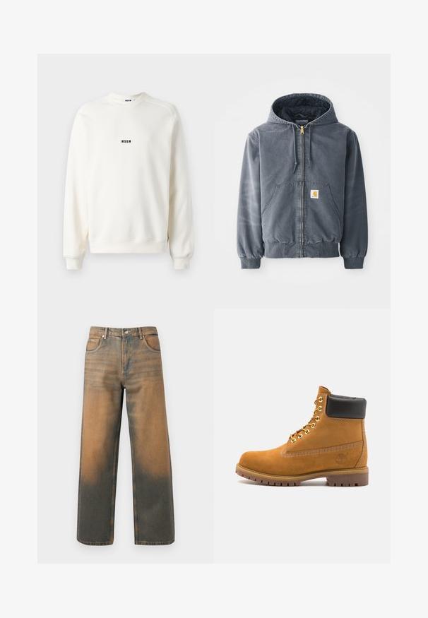 Sweat-shirt à capuche gris avec fermeture éclair sur le devant, deux grandes poches, poignets côtelés et un patch logo sur la poche gauche. Fabriqué en tissu durable.; Sweatshirt couleur crème avec un col ras du cou, des poignets et un ourlet côtelés. Présente un petit logo noir "MSGM" sur la poitrine. Texture lisse.; Jean large en denim bleu et marron délavé. Caractéristiques : taille haute, poches avant et fermeture à boutons classique avec des accents métalliques.; Bottine en daim beige avec un col rembourré noir, œillets en métal doré, détails de surpiqûres blanches et semelle en caoutchouc robuste avec des crampons prononcés.