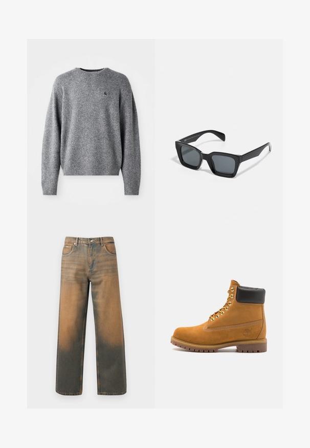 Grau Hoodie mit Frontreißverschluss, zwei großen Taschen, gerippten Bündchen und einem Logo-Patch auf der linken Tasche. Hergestellt aus strapazierfähigem Stoff.; Grauer Strickpullover mit rundem Ausschnitt, gerippten Bündchen und Saum sowie kleinem Logo auf der Brust. Weiche Textur und lässige Passform.; Weite Jeans aus verwittertem blauem und braunem Denim. Sie haben eine hohe Taille, Vorderseiten-Taschen und einen klassischen Knopfverschluss mit metallischen Akzenten.; Beige Wildleder-Ankle-Boot mit schwarzem gepolstertem Kragen, goldenen Metallösen, weißen Nähdetalben und einer robusten Gummisohle mit ausgeprägtem Profil.; Schwarze rechteckige Sonnenbrille mit dunklen Gläsern. Kunststoffrahmen mit glänzender Oberfläche, ausgestattet mit einer breiten Brücke und leicht verjüngten Bügeln.