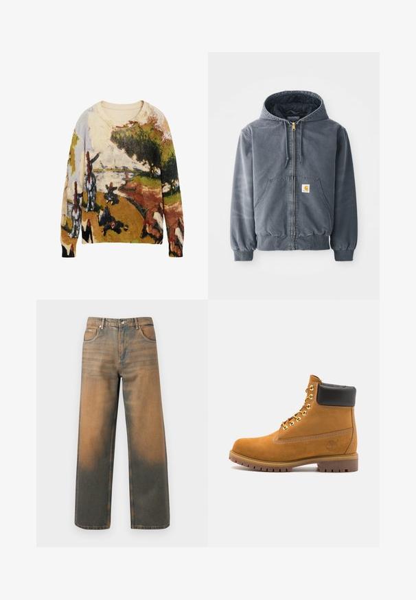 Šedá mikina s kapucí a předním zipem, se dvěma velkými kapsami, žebrovanými manžetami a logem na levé kapse. Vyrobena z odolné látky.; Pletací svetr s duhovým vzorem krajiny, v odstínech béžové, zelené a modré. Kulatý výstřih a dlouhé rukávy.; Džíny s širokými nohavicemi v distressed modré a hnědé denimové barvě. Mají vysoký pas, přední kapsy a klasické zapínání na knoflík se metalickými akcenty.; Hnědé semišové kotníkové boty s černým polstrovaným límcem, zlatými kovovými očky, bílým prošíváním a odolnou gumovou podrážkou s výraznými drážkami.