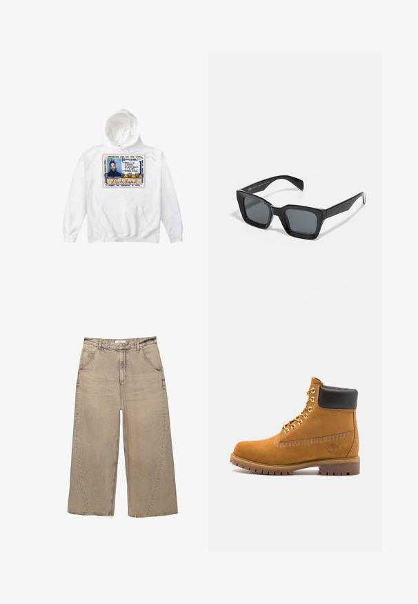 Grijze capuchontrui met een ritssluiting aan de voorkant, twee grote zakken, geribbelde manchetten en een logopatch op de linkerzak. Gemaakt van duurzaam materiaal.; Witte hoodie met een groot, bedrukt identificatiekaartontwerp in blauw, geel en zwart, met een buidelzak aan de voorkant en een trekkoordkap.; PULL&BEAR MEGA BAGGY - Baggy jeans - light grey; Tan suède enkelboot met zwart gevoerd kraagje, gouden metalen oogjes, witte stikdetails en een robuuste rubberen zool met uitgesproken profiel.; Zwarte rechthoekige zonnebril met donkere lenzen. Kunststof frame met een glanzende afwerking, met een brede neusbrug en licht taps toelopende pootjes.