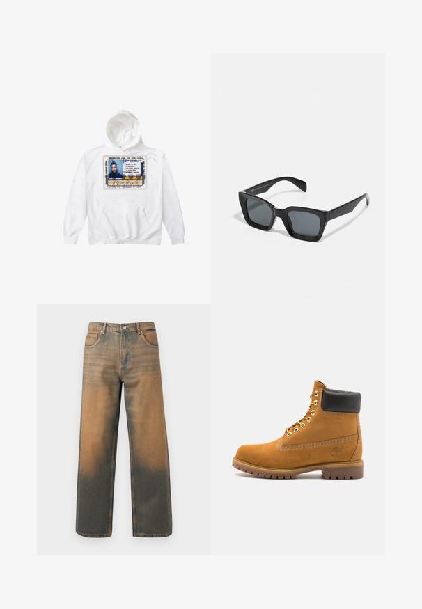 Felpa grigia con cappuccio e zip frontale, due grandi tasche, polsini a coste e un patch con logo sulla tasca sinistra. Realizzata in tessuto resistente.; Felpa bianca con cappuccio, caratterizzata da un grande design stampato di un tesserino d'identità nei colori blu, giallo e nero, con tasca frontale e cappuccio regolabile con lacci.; Jeans a gamba larga in denim blu e marrone scuro con effetto usurato. Presentano un alto punto vita, tasche frontali e una chiusura con bottone classico arricchita da dettagli metallici.; Stivale alla caviglia in suede tan con collare imbottito nero, occhielli in metallo dorato, dettagli in cucitura bianca e suola in gomma robusta con battistrada pronunciato.; Occhiali da sole neri rettangolari con lenti scure. Montatura in plastica con una finitura lucida, caratterizzati da un ponte ampio e braccia leggermente affusolate.
