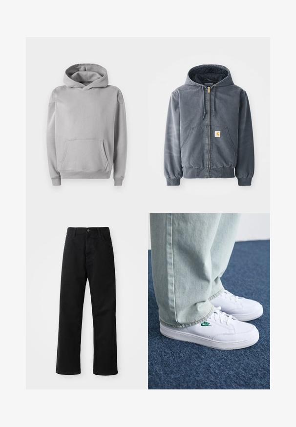 Sweatshirt cinza com capuz, fecho à frente, dois bolsos grandes, punhos canelados e um patch com o logo no bolso esquerdo. Feito de tecido resistente.; Sweatshirt cinza com capuz, feito de tecido suave, apresentando um bolso frontal, punhos canelados e um corte casual. Textura suave com um design minimalista.; Calças de ganga pretas com corte direito, apresentando bolsos frontais, fecho de zip e um único botão na parte superior. Tecido texturizado com um acabamento mate.; Tênis de couro brancos com logo verde da Nike, bico redondo, sola plana, combinados com calças de denim azul claro, exibidos sobre um tapete azul.