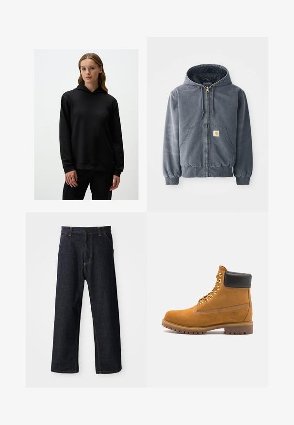 Szara bluza z kapturem, z suwakiem z przodu, dwiema dużymi kieszeniami, ściągaczami przy mankietach i naszywką z logiem na lewej kieszeni. Wykonana z trwałego materiału.; Czarna bluza z kapturem o miękkiej teksturze, z regulowanym kapturem, długimi rękawami i luźnym krojem. Dodatki obejmują ściągacz u dołu oraz przy mankietach.; Granatowe dżinsy o prostym kroju nogawek, z żółtymi przeszyciami, kieszeniami z przodu i zapięciem na guzik w talii.; Beżowe zamszowe botki sięgające kostki z czarną wyściełaną krawędzią, złotymi oczkami, białymi detalami szycia oraz wytrzymałą gumową podeszwą z wyraźnym bieżnikiem.