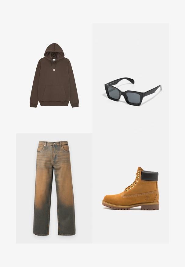 Šedá mikina s kapucí a předním zipem, se dvěma velkými kapsami, žebrovanými manžetami a logem na levé kapse. Vyrobena z odolné látky.; Hnědá mikina s klokaní kapsou, kapucí na šňůrku a středovým nápisem "II" v bílé barvě. Bavlněný materiál s hladkou texturou.; Džíny s širokými nohavicemi v distressed modré a hnědé denimové barvě. Mají vysoký pas, přední kapsy a klasické zapínání na knoflík se metalickými akcenty.; Hnědé semišové kotníkové boty s černým polstrovaným límcem, zlatými kovovými očky, bílým prošíváním a odolnou gumovou podrážkou s výraznými drážkami.; Černé obdélníkové sluneční brýle s tmavými skly. Plastový rám s lesklým povrchem, široký most a mírně zúžené stranice.