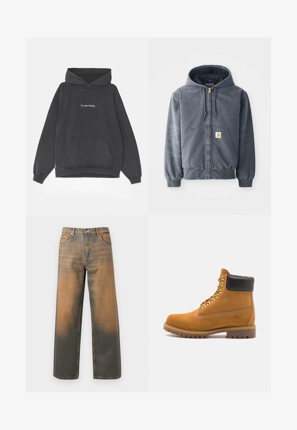 Siv hoodie z zadrgo spredaj, z dvema velikima žepoma, rebrastimi manšeti in logotipom na levem žepu. Narejen iz trpežnega blaga.; Filling Pieces HANDSHAKE VINTAGE - Pulover s kapuco - black; Široke kavbojke v obrabljenem modrem in rjavem denimu. Imajo visok pas, sprednje žepke in klasično zapiranje na gumb z kovinskimi poudarki.; Svetlo rjave anklne čizme iz semiša z črnim oblazinjenim ovratnikom, zlatimi kovinskimi očesci, belimi šivi in robustnim gumijastim podplatom s izrazitimi tredi.