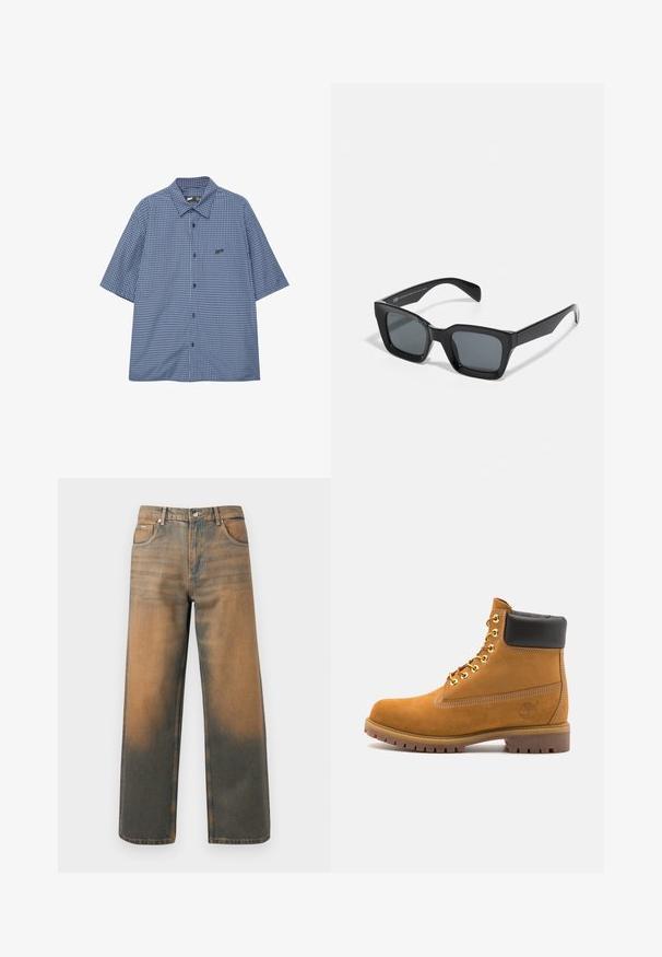 Grau Hoodie mit Frontreißverschluss, zwei großen Taschen, gerippten Bündchen und einem Logo-Patch auf der linken Tasche. Hergestellt aus strapazierfähigem Stoff.; Kurzarm-Hemd mit Knöpfen im blauen Karomuster, mit einem weit geschnittenen Kragen und kleinem schwarzem Logo auf der linken Brust. Aus Baumwollmischung gefertigt.; Weite Jeans aus verwittertem blauem und braunem Denim. Sie haben eine hohe Taille, Vorderseiten-Taschen und einen klassischen Knopfverschluss mit metallischen Akzenten.; Beige Wildleder-Ankle-Boot mit schwarzem gepolstertem Kragen, goldenen Metallösen, weißen Nähdetalben und einer robusten Gummisohle mit ausgeprägtem Profil.; Schwarze rechteckige Sonnenbrille mit dunklen Gläsern. Kunststoffrahmen mit glänzender Oberfläche, ausgestattet mit einer breiten Brücke und leicht verjüngten Bügeln.