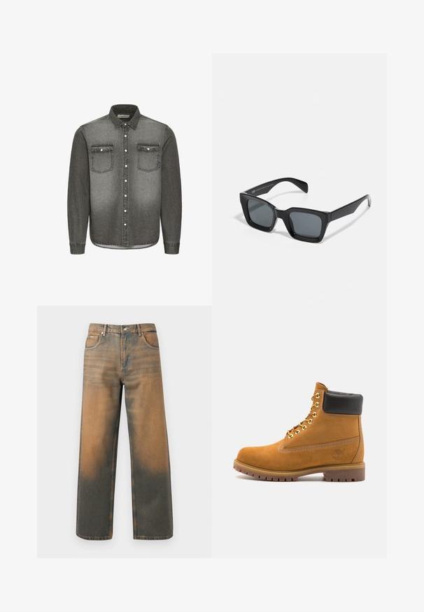 Šedá mikina s kapucí a předním zipem, se dvěma velkými kapsami, žebrovanými manžetami a logem na levé kapse. Vyrobena z odolné látky.; Šedá džínová košile s límcem na knoflíky, dlouhými rukávy, dvěma náprsními kapsami a stříbrnými kovovými akcenty. Bledý gradientový design.; Džíny s širokými nohavicemi v distressed modré a hnědé denimové barvě. Mají vysoký pas, přední kapsy a klasické zapínání na knoflík se metalickými akcenty.; Hnědé semišové kotníkové boty s černým polstrovaným límcem, zlatými kovovými očky, bílým prošíváním a odolnou gumovou podrážkou s výraznými drážkami.; Černé obdélníkové sluneční brýle s tmavými skly. Plastový rám s lesklým povrchem, široký most a mírně zúžené stranice.