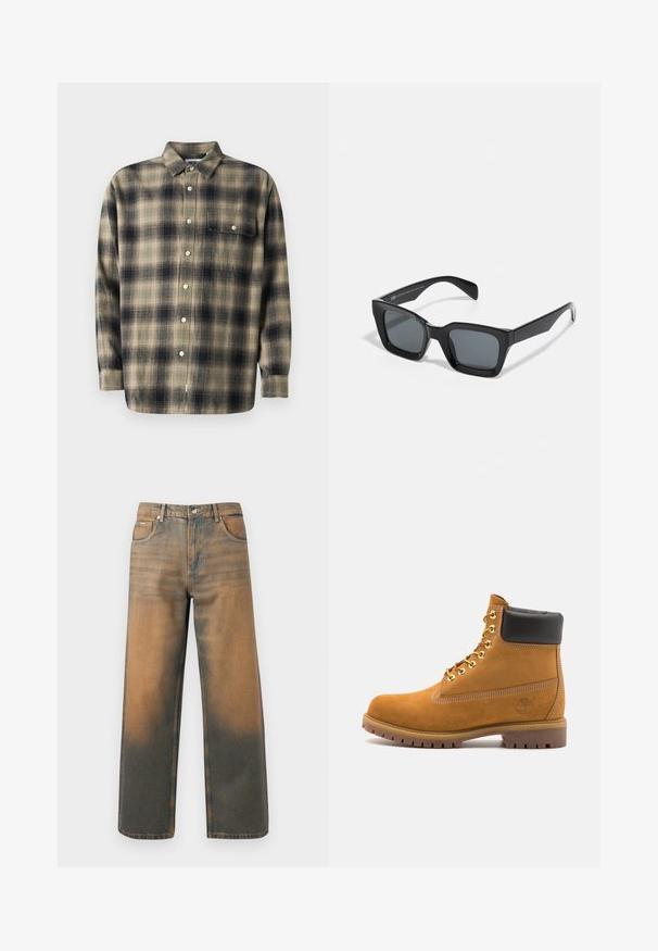 Hallide kapuutsiga sviiter, millel on ees zipper, kaks suurt taskut, ribadest varrukad ja logo tempel vasakul taskul. Valmistatud vastupidavast kangast.; Beige ja navy ruuduline nööbitav särk pikkade varrukatega, kraega, ühe rinnataskuga ja valgete nööpidega pehmest kangast.; Laia teksad kulunud sinises ja pruunis denimis. Omavad kõrget vöökohta, eespooltaskuid ja klassikalist nupuga sulgemist metallist aktsentidega.; Küpset tan suede sääreboot musta pehmea kraega, kuldsed metallist silmad, valge õmblemise detailid ja robustne kummist tallaga, millel on väljendunud mustrid.; Mustad ristkülikukujulised prillid tumedate läätsedega. Plastist raam, millel on läikiv viimistlus, laia sillaga ja veidi kitsenevad käepidemed.